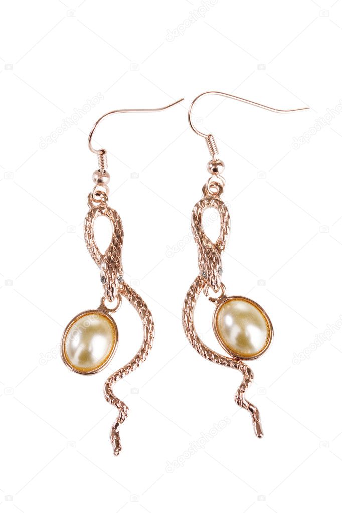 Beautiful gold earrings with pearls isolated on white