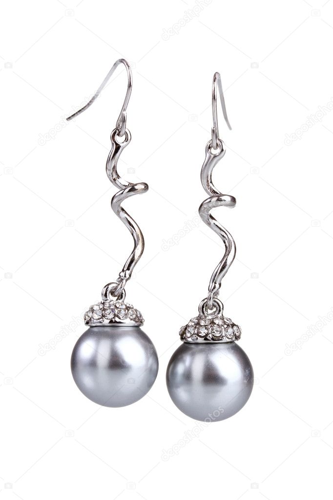 Beautiful silver earrings with black pearls isolated on white