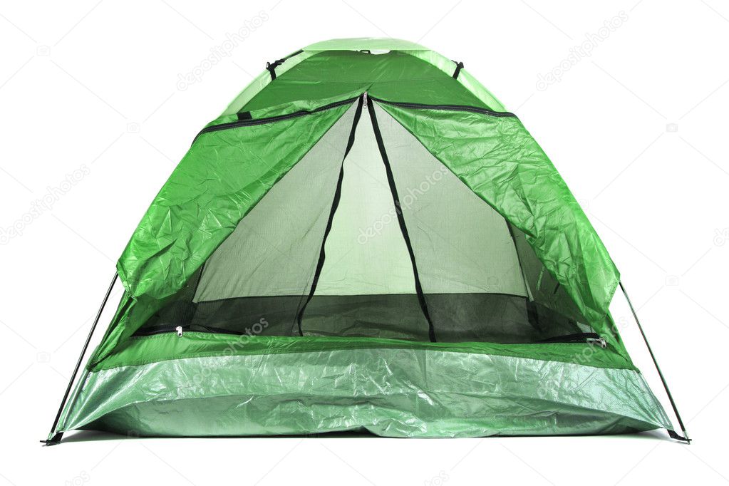 Green tourist tent isolated on white