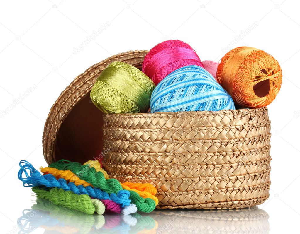 Bright threads for needlework and fabric in a wicker basket