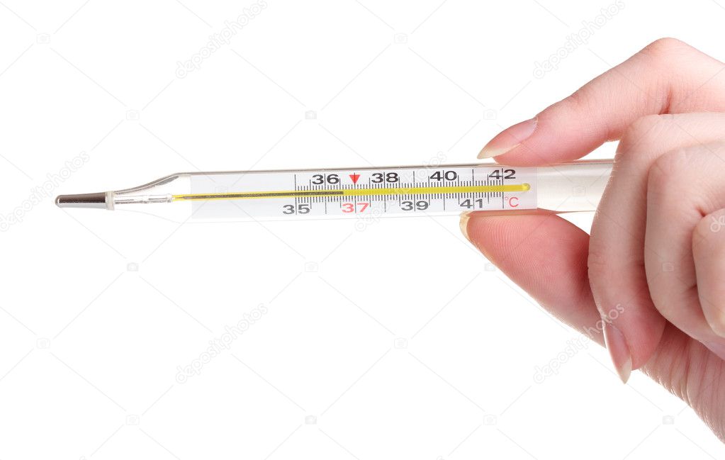 Thermometer in hand isolated on white