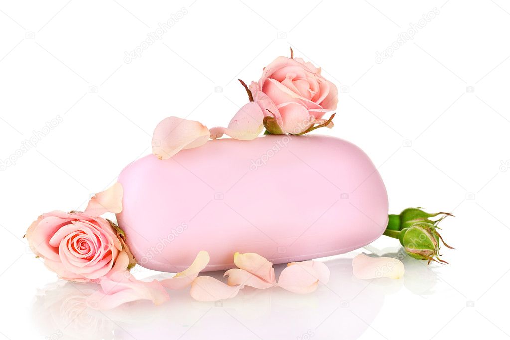 Soap with roses on white background