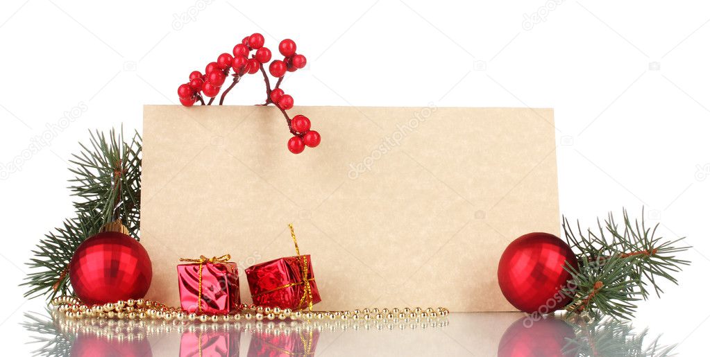 Blank postcard, gifts, Christmas balls and fir-tree isolated on white