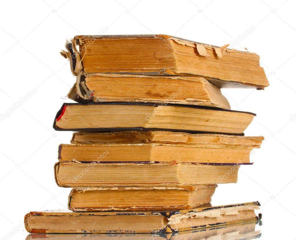 Pile of old books isolated on white