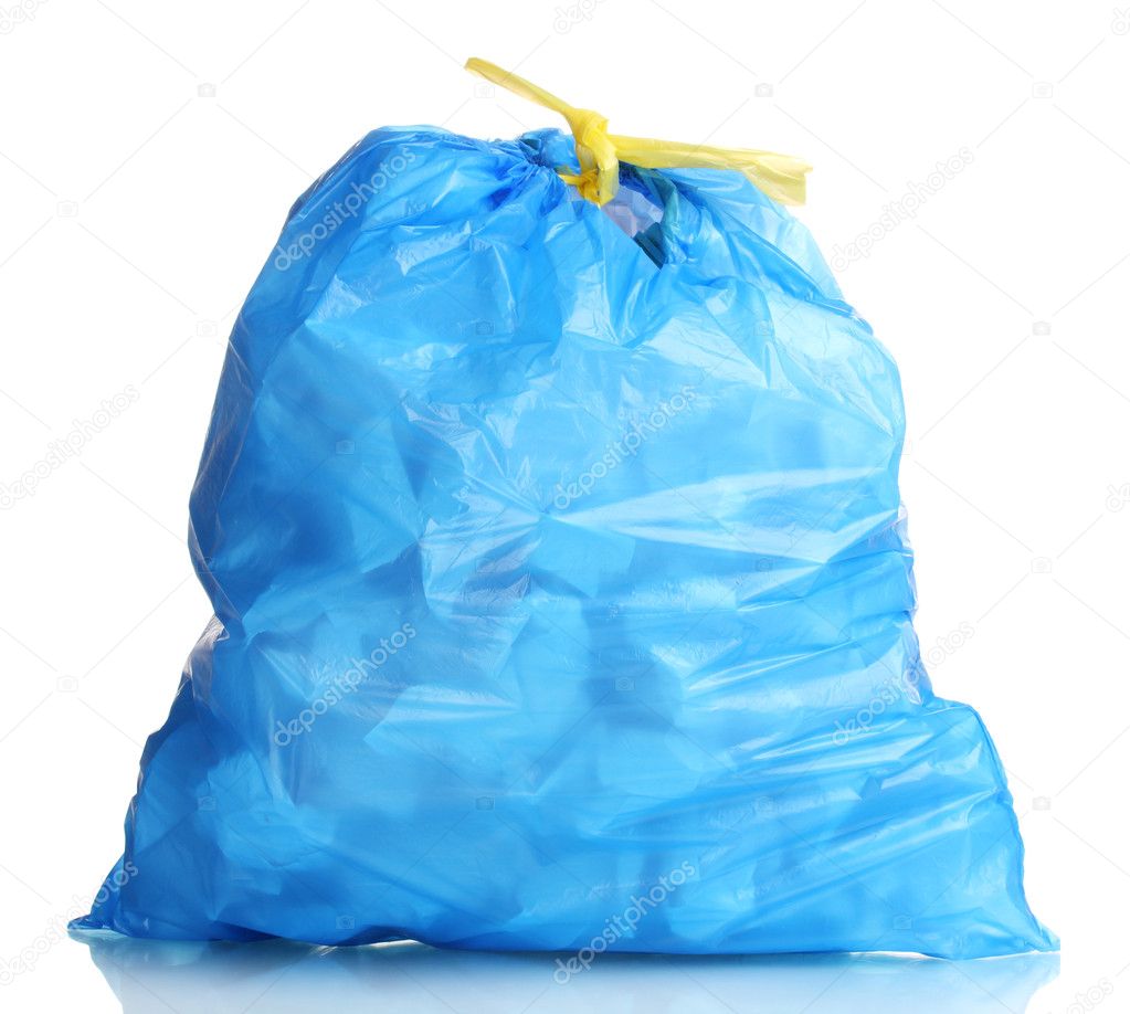 Blue garbage bag with trash isolated on white
