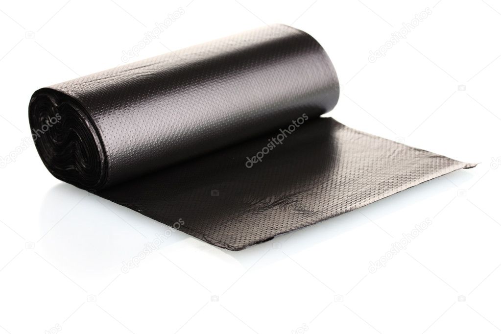 Roll of black garbage bags isolated on white