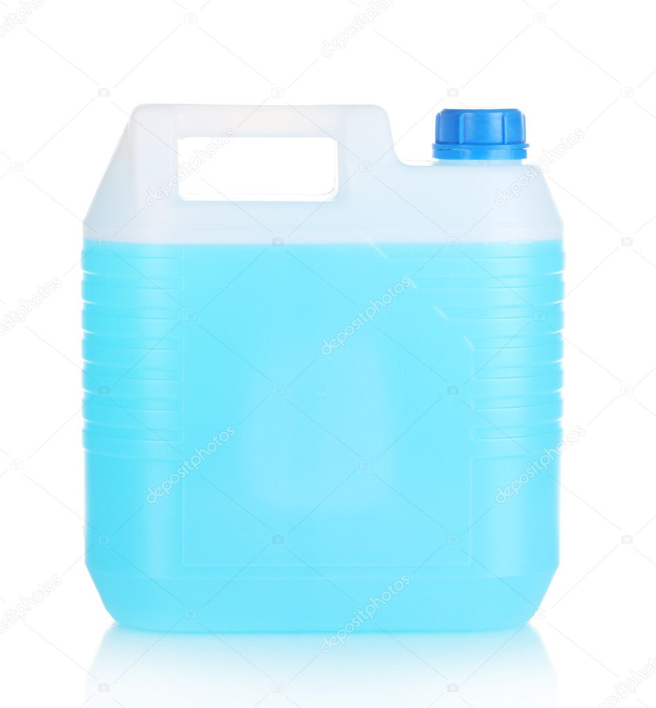 Blue liquid in the canister isolated on white