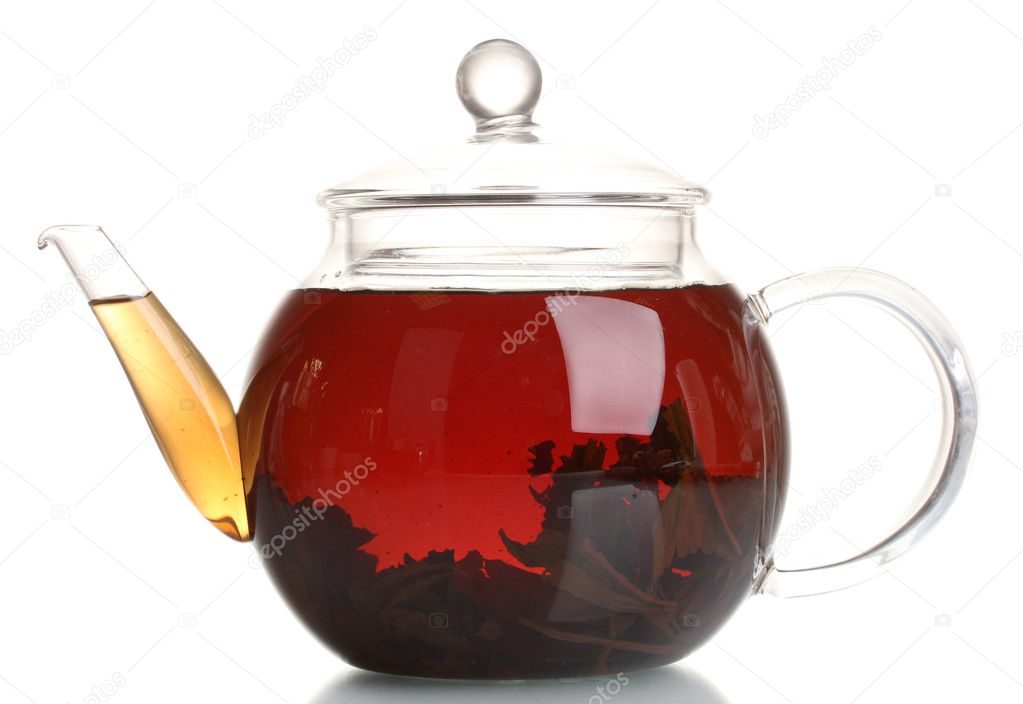 Glass teapot with black tea isolated on white