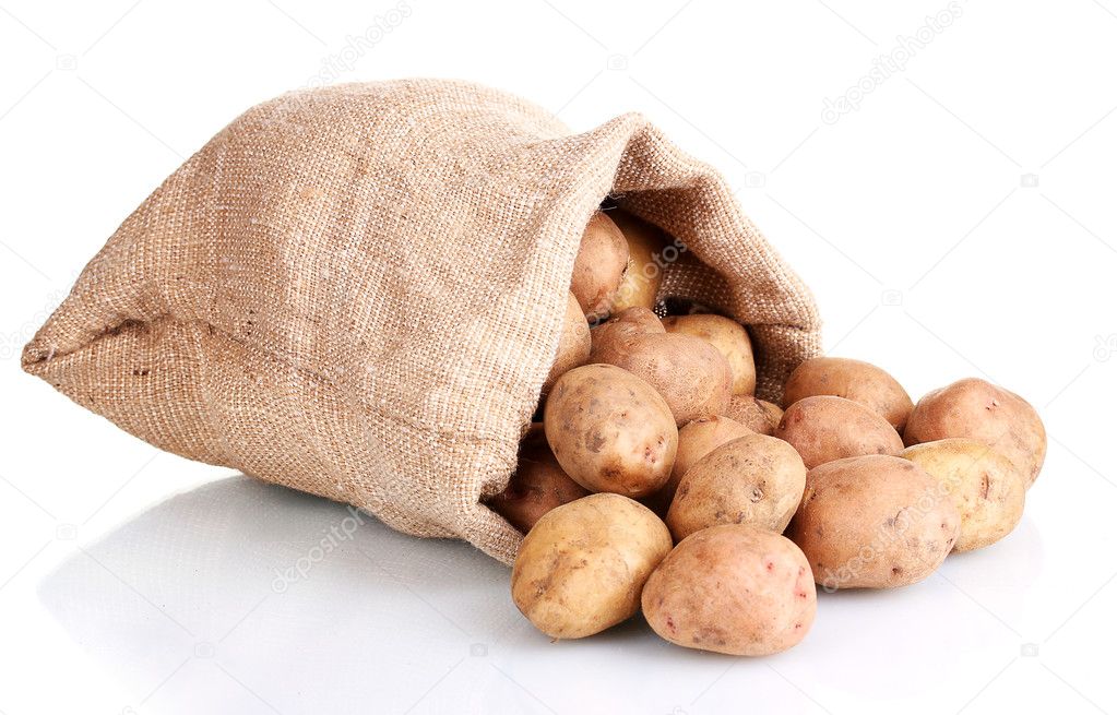 Fresh potatoes in the bag isolated on white