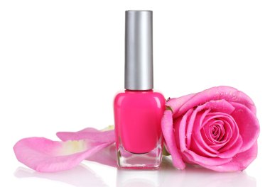 Pink nail polish with rose on white background clipart