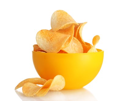 Delicious potato chips in bowl isolated on white