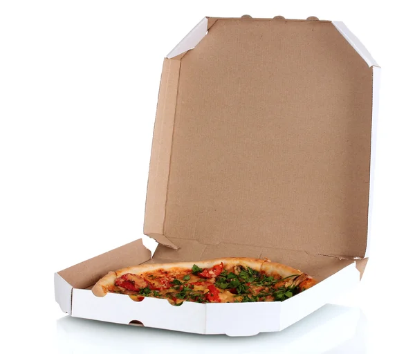 stock image Delicious pizza with sausage and vegetables in the package isolated on whit