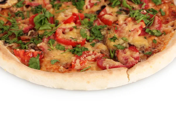 Heerlijke pizza met worst en groenten geïsoleerd op wit — Stockfoto