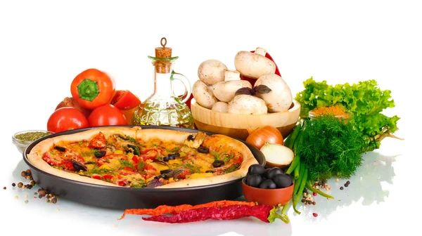 Delicious pizza on plate, vegetables and spices isolated on white — Stock Photo, Image