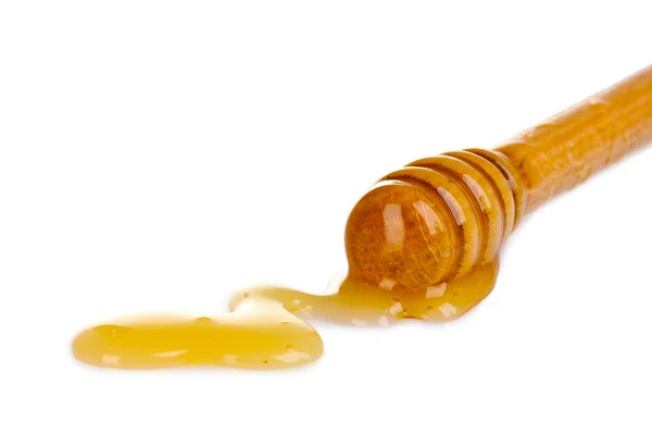 Trempette au miel en bois avec miel isolé sur blanc — Photo