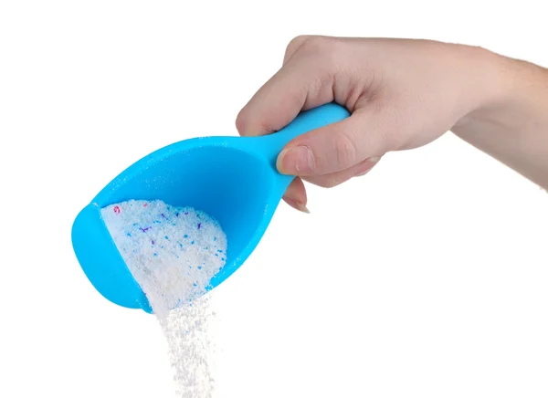 Μπλε δοχείο με σκόνη πλυσίματος στο χέρι, απομονωμένα σε λευκό — Φωτογραφία Αρχείου