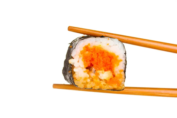 Delicioso sushi y palillos aislados en blanco — Foto de Stock