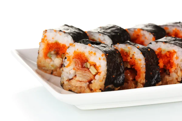 Delicioso sushi en plato aislado en blanco — Foto de Stock