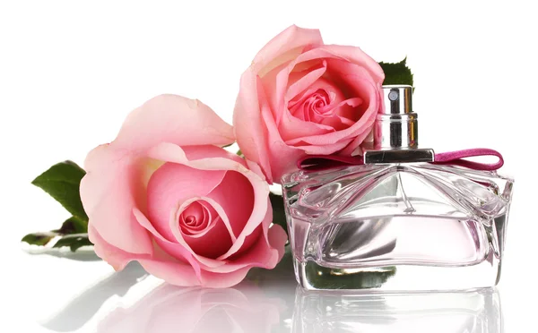 Perfume bottle and two pink rose isolated on white — Stock Photo, Image