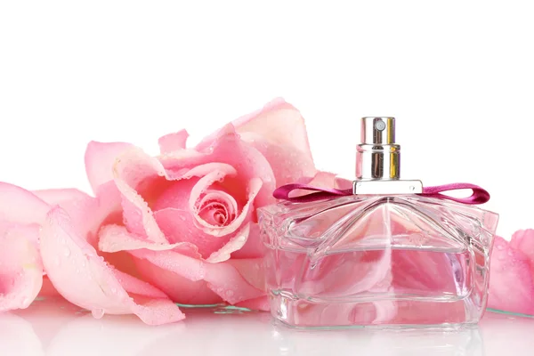 Perfume bottle and pink rose isolated on white — Stock Photo, Image