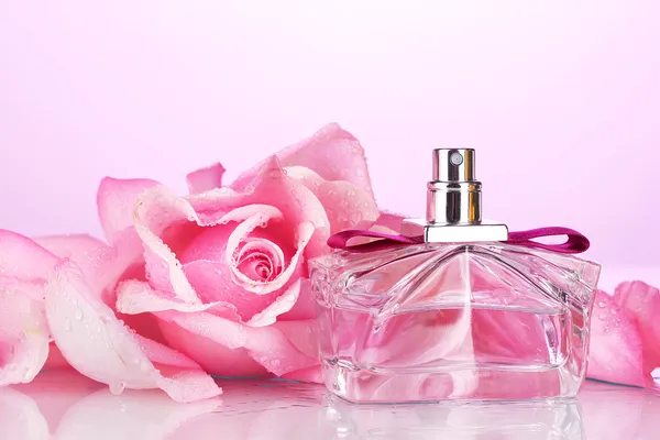 Botella de perfume y rosa rosa sobre rosa — Foto de Stock