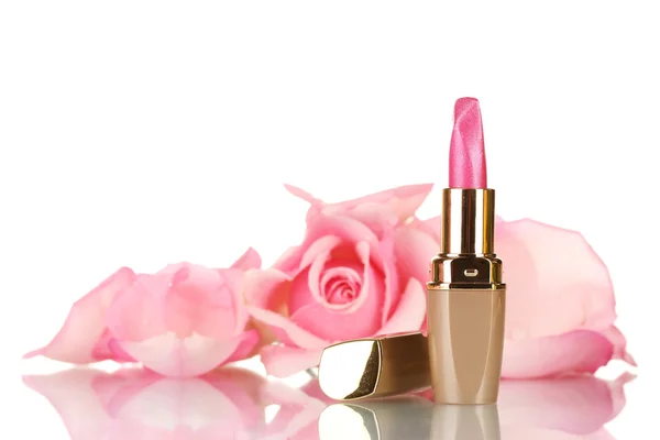 Rosa läppstift och pink rose isolerad på vit — Stockfoto