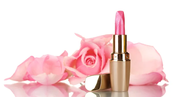핑크 립스틱과 핑크 로즈 흰색 절연 — 스톡 사진