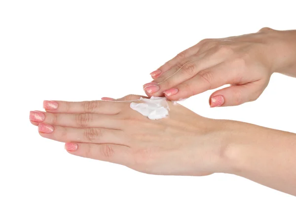 Руки з кремом ізольовані на білому — стокове фото