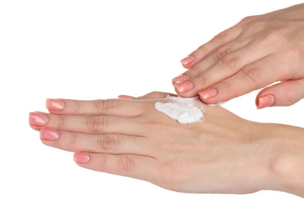 Mains avec crème isolée sur blanc — Photo