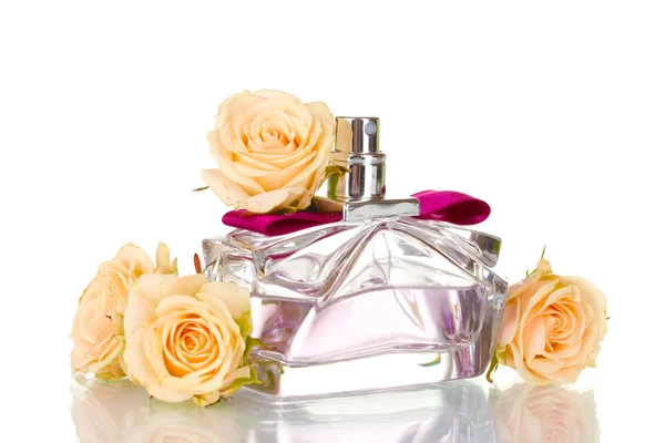 Perfume de mujer en hermosa botella sobre fondo blanco — Foto de Stock