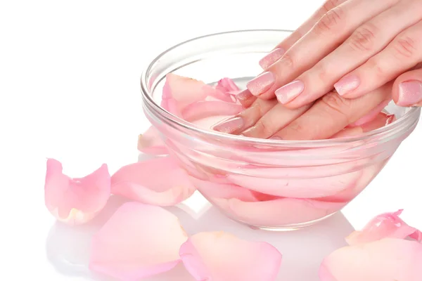 Belas mãos femininas e pétalas de rosa — Fotografia de Stock