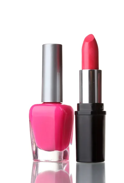 Pink lipstick and nail polish isolated on white background — Stock Photo, Image