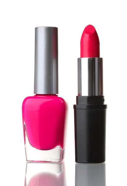 Pink lipstick and nail polish isolated on white background — Stock Photo, Image