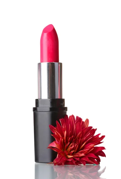 New lipstick and flower on the white background — Stock Photo, Image