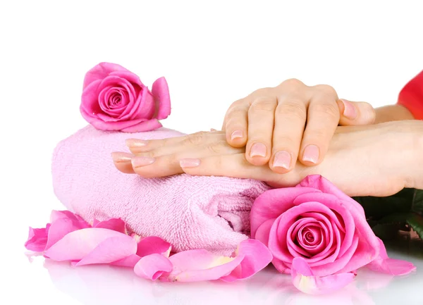 Рожевий рушник з трояндами і руками на білому тлі — стокове фото