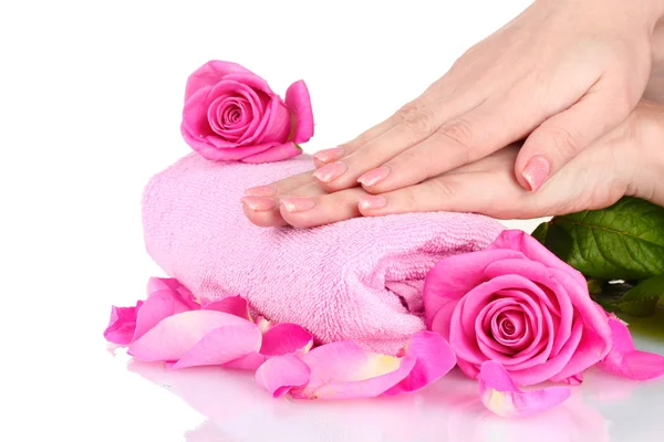 Roze handdoek met rozen en handen op witte achtergrond — Stockfoto