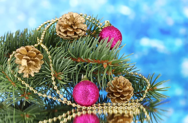 Zelený vánoční strom s hračkou a šišky na modré — Stock fotografie