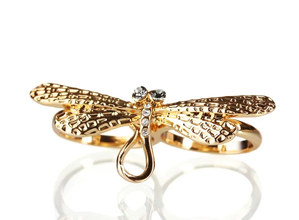 蜻蜓在白色隔离带的黄金戒指 — 图库照片