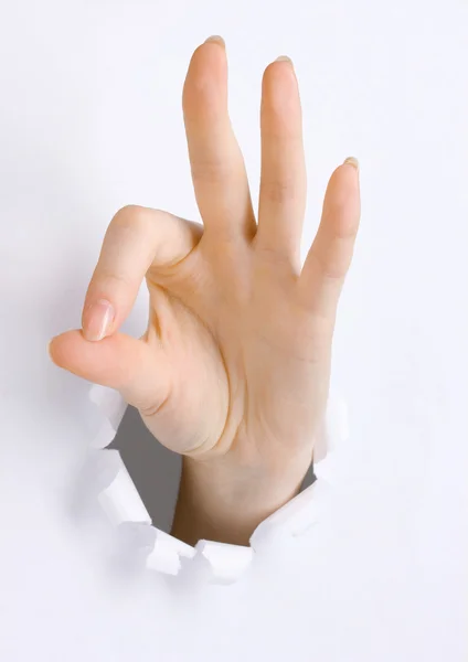 Поднятая вверх рука знак изолирован на белом — стоковое фото
