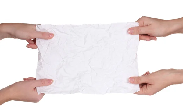 Mãos e papel isolados sobre branco — Fotografia de Stock