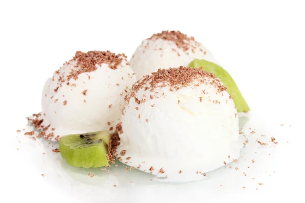 Delicious vanilla ice cream with chocolate and kiwi isolated on white — Stock Photo, Image
