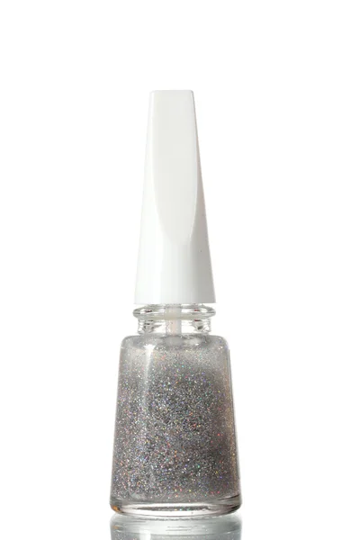 Silver nagellack med gnistrar isolerad på vit — Stockfoto