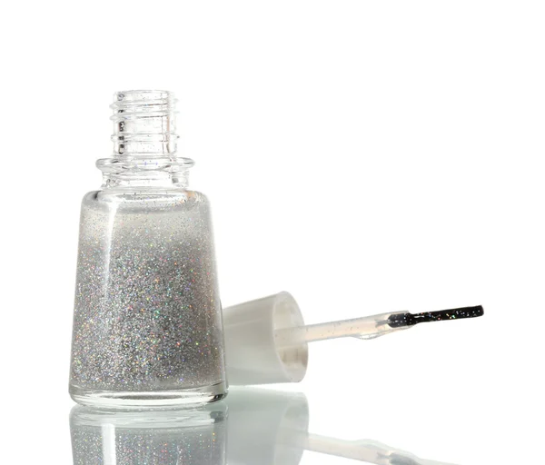Silver nagellack med gnistrar isolerad på vit — Stockfoto
