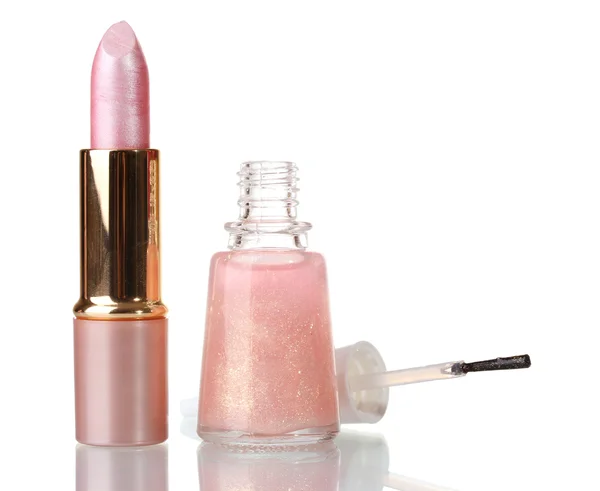 Pink lipstick and beige nail polish with sparkles isolated on white — Stock Photo, Image