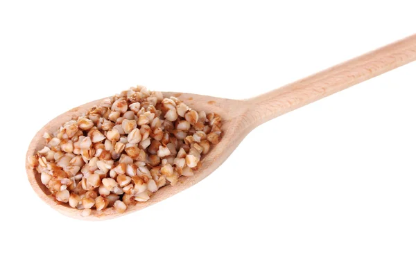 Cucchiaio di legno con grano saraceno bollito isolato su bianco — Foto Stock