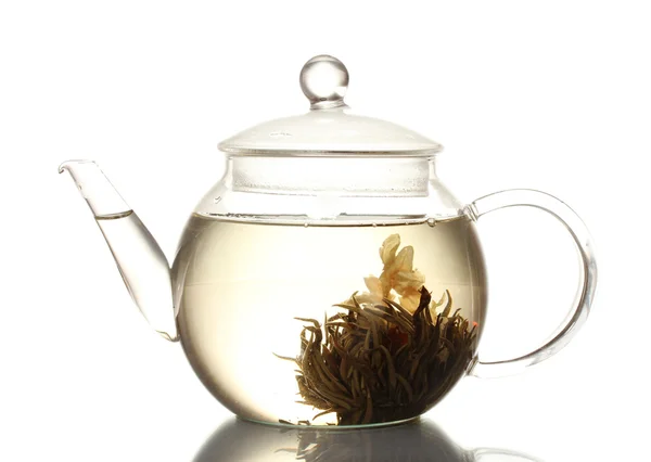 Egzotikus zöld tea üveg teáskanna elszigetelt fehér virág — Stock Fotó