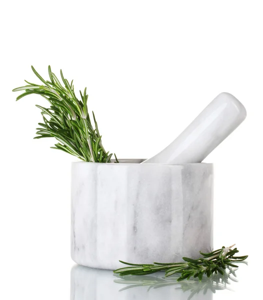 Fresh green rosemary in mortar isolated on white — Stock Photo, Image