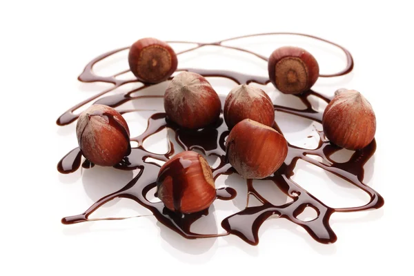 Смачний фундук і шоколадний сироп ізольовані на білому — стокове фото