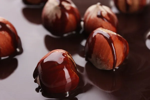 Deliciosa avelã e xarope de chocolate closeup — Fotografia de Stock