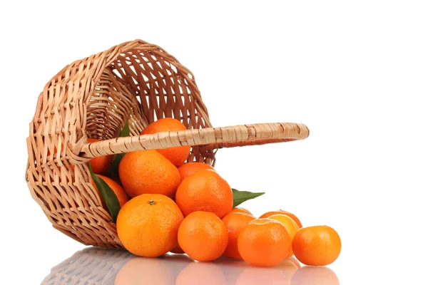 Mandarinas con hojas en una hermosa cesta aislada en blanco — Foto de Stock